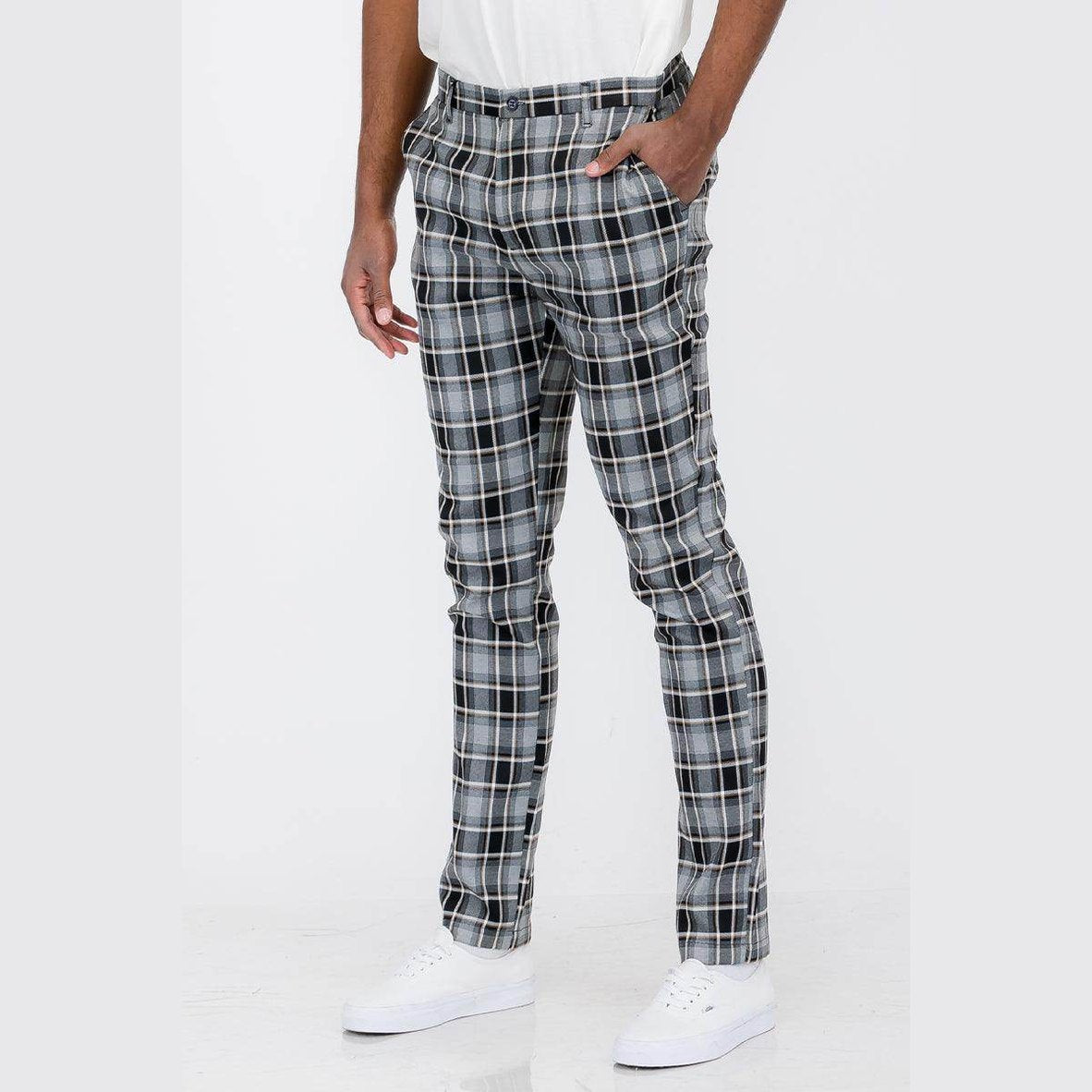 Mens Plaid Slim Fit Pants from VacationGrabs in gray and black with a stylish design