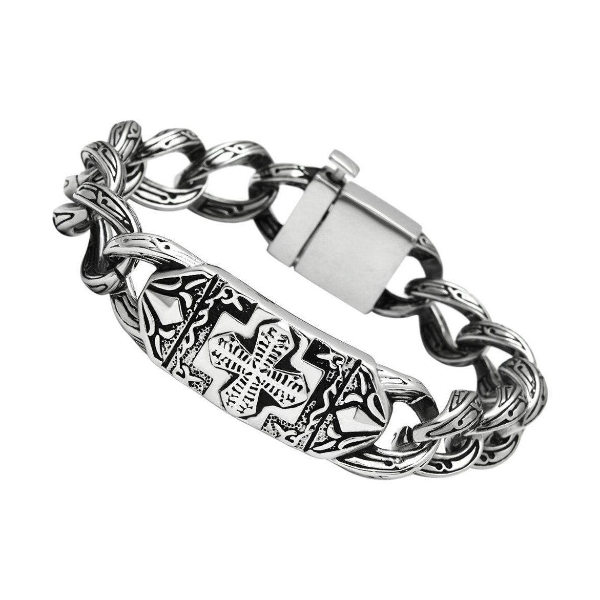 Men's polished stainless steel bracelet with intricate designs and secure clasp for style and durability