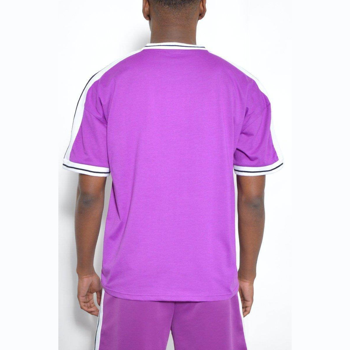 Back view of a men's purple striped tee from VacationGrabs with contrasting white trim