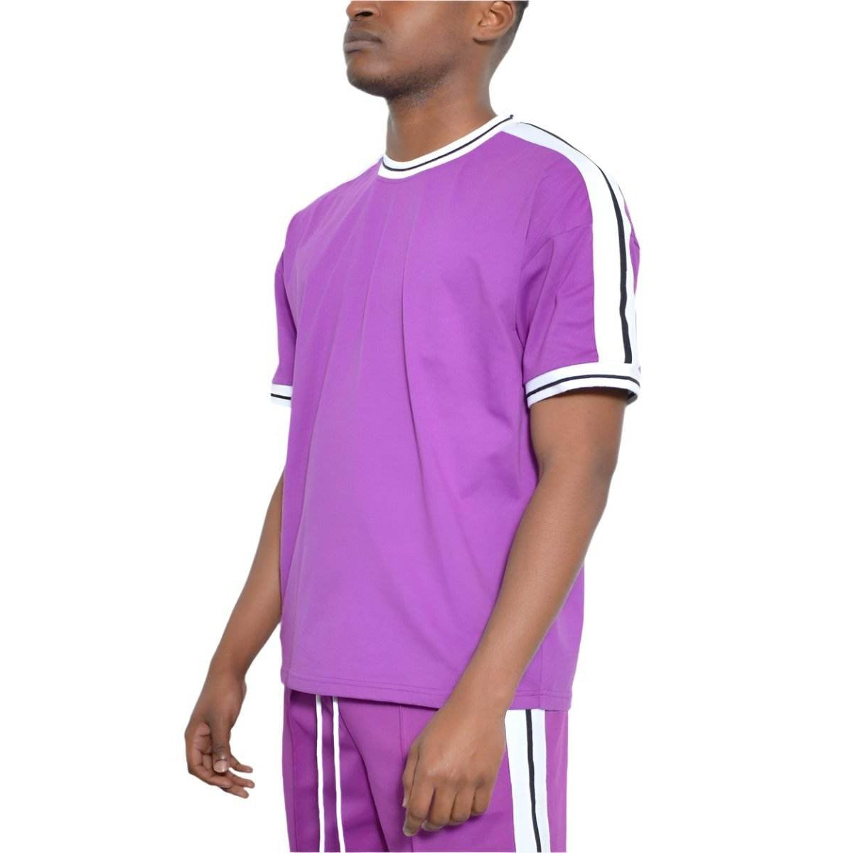 Mens purple striped tee with contrasting black and white accents for a stylish look