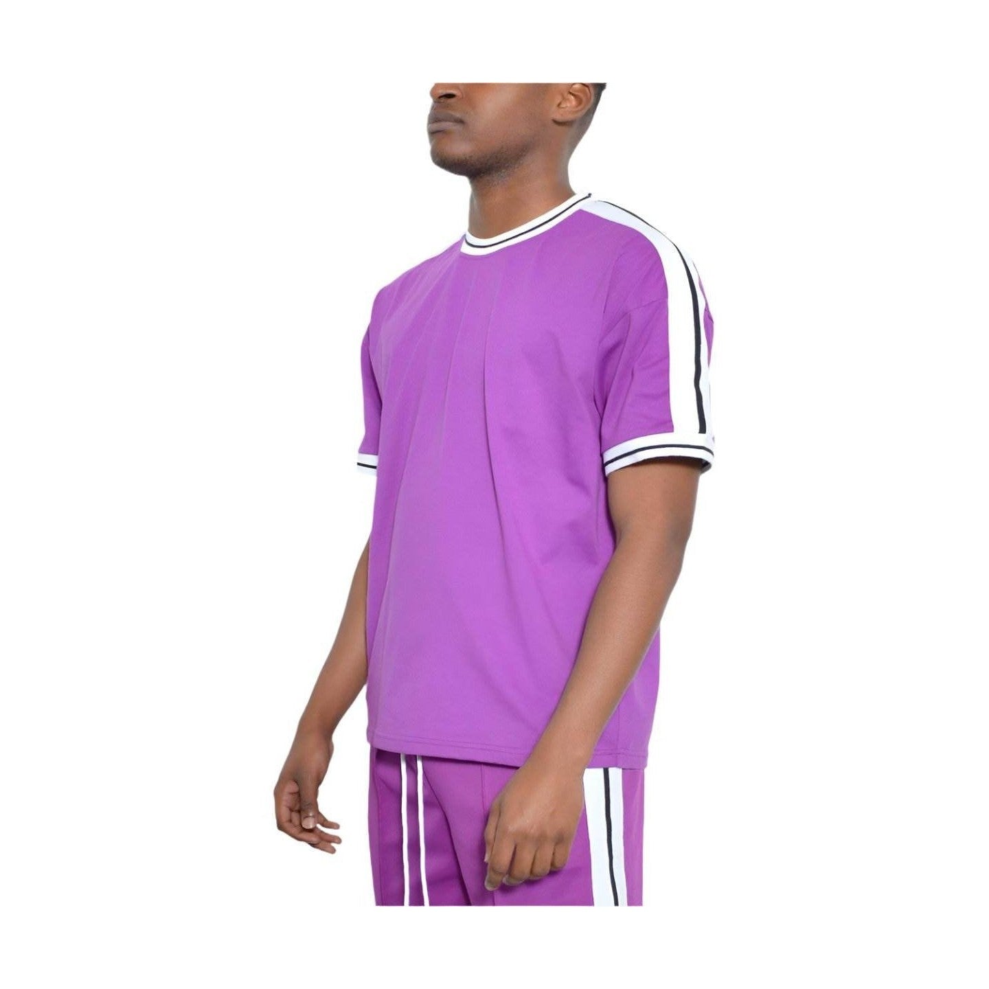 Mens purple striped tee with contrasting black and white accents for a stylish look