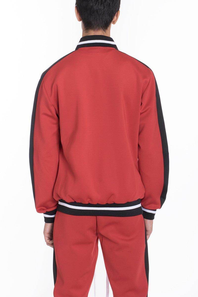 Back view of the red mens rally track jacket with black stripes and elastic cuffs.
