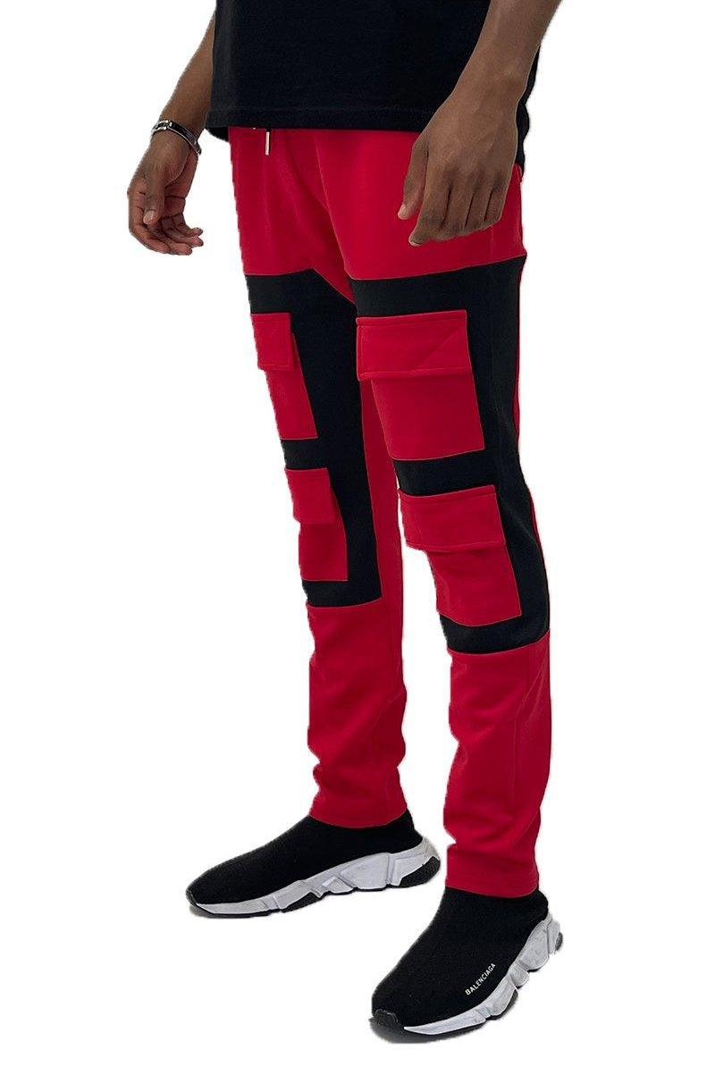 Men's Pants - Joggers Mens Red And Black Color Block Cargo Track Pants