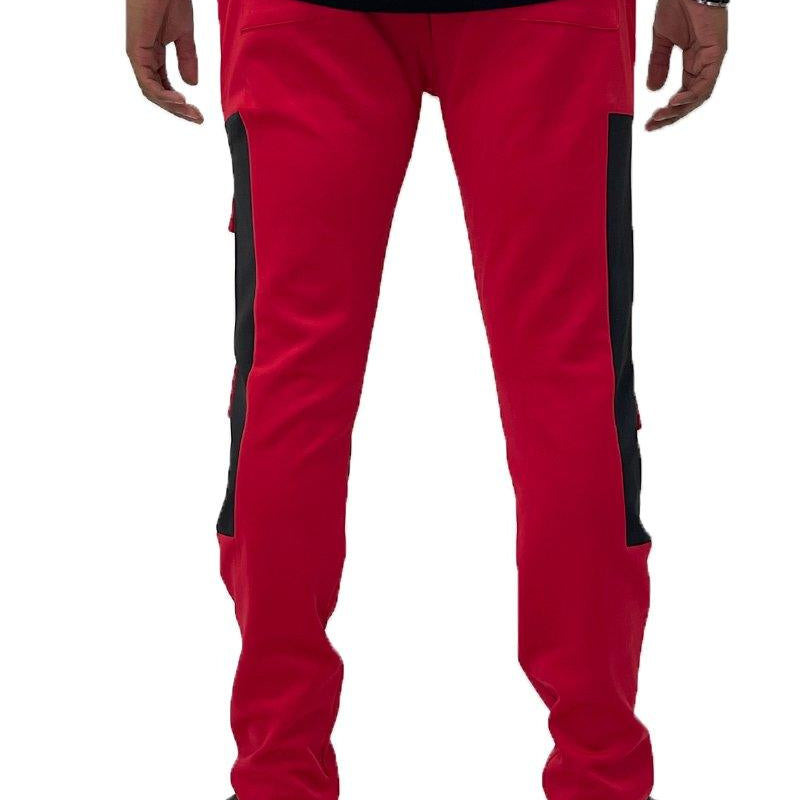 Men's Pants - Joggers Mens Red And Black Color Block Cargo Track Pants