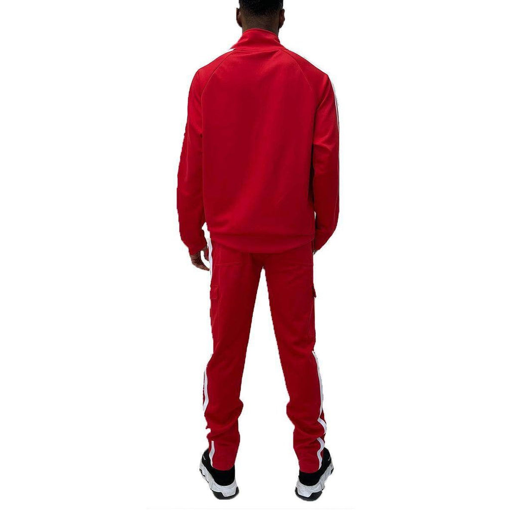 Men's red cargo set featuring a track jacket and matching pants with stylish side stripes