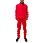 Men's Red Cargo Set by VacationGrabs featuring a zip-up jacket and matching pants with cargo pockets