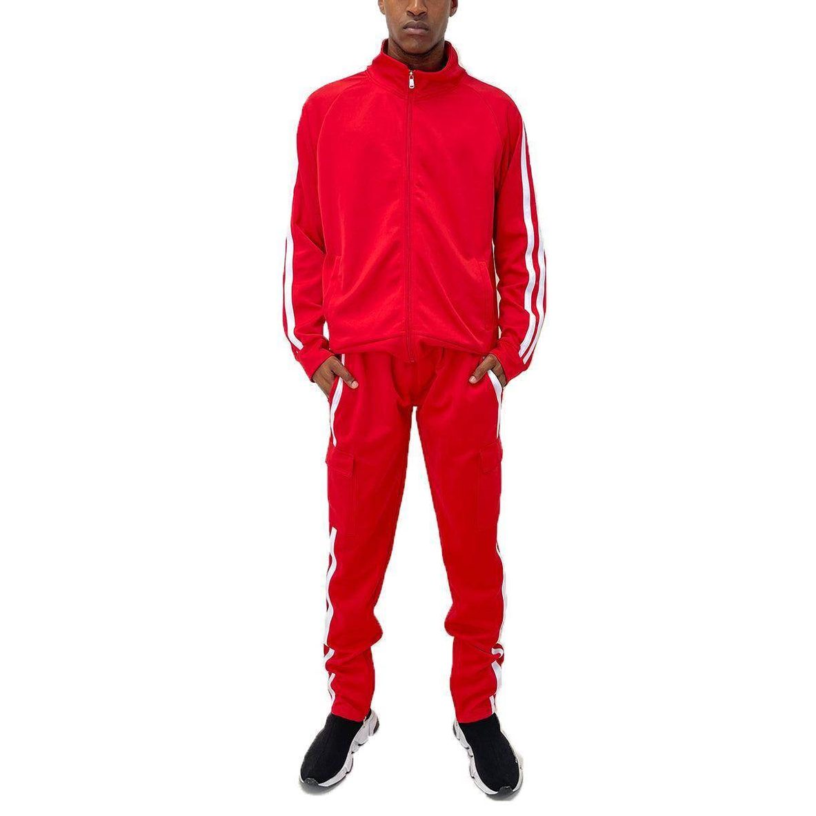 Men's Red Cargo Set by VacationGrabs featuring a zip-up jacket and matching pants with cargo pockets