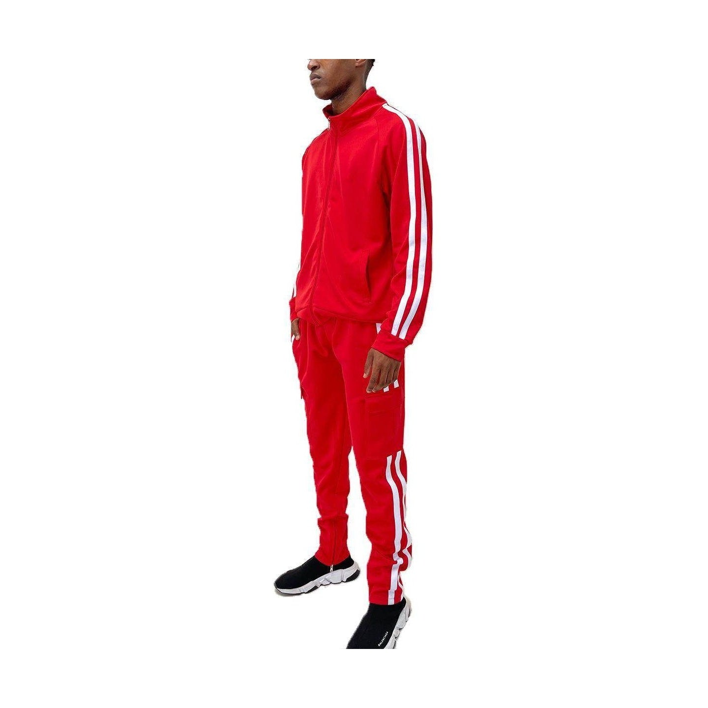 Men's red cargo set featuring a track jacket and pants with white stripes for a sporty look