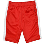 Mens red shorts with white stripe featuring an elastic waistband and back pocket
