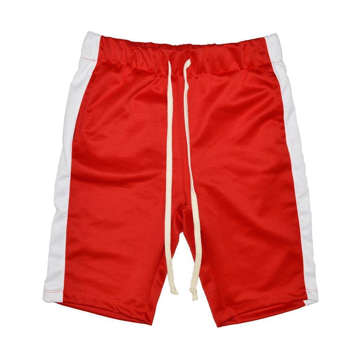 Mens red shorts with white stripe featuring an elastic waistband and drawstring closure