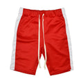 Mens red shorts with white stripe featuring an elastic waistband and drawstring closure