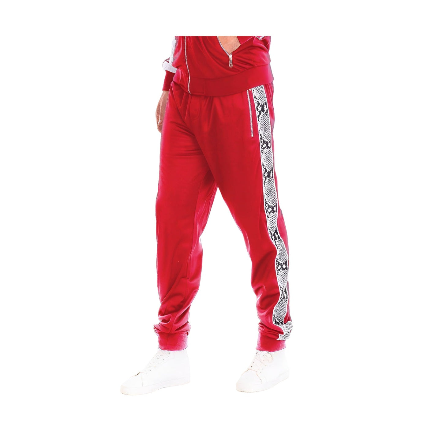 Mens red track pants with a stylish snake print side design for a trendy athletic look
