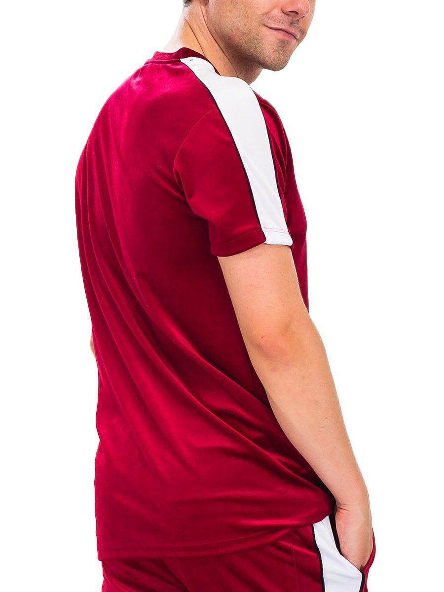 Mens red velvet shirt with white accents, perfect for stylish casual wear