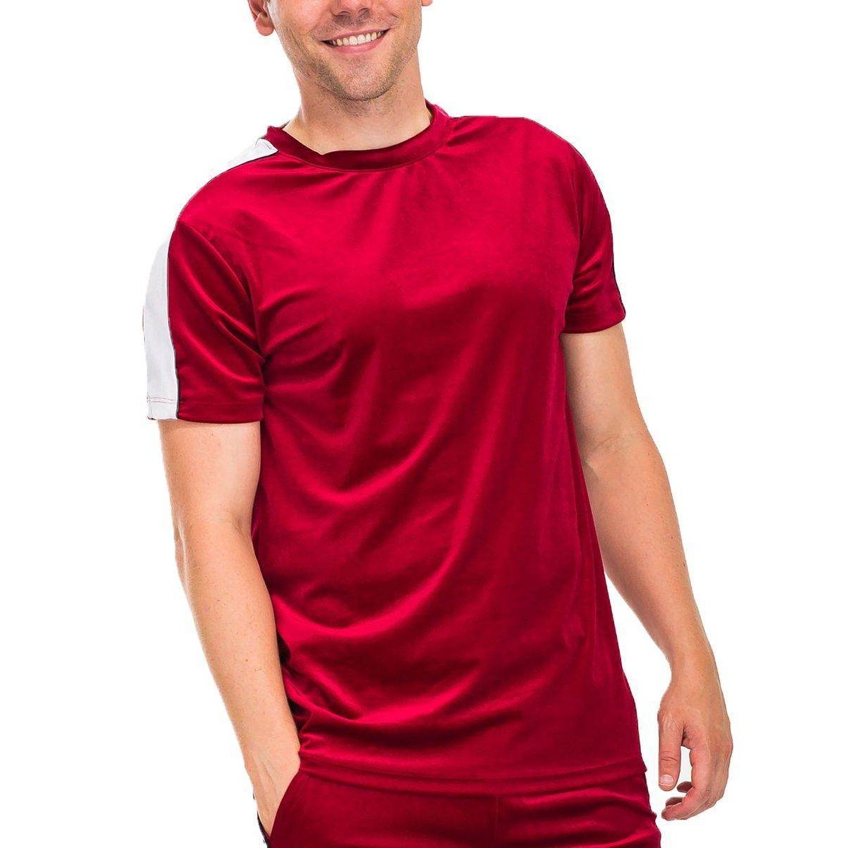 Mens red velvet shirt by VacationGrabs with short sleeves and a stylish design