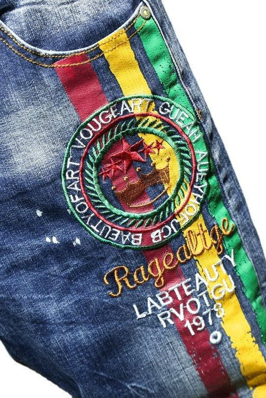 Men's Pants - Jeans Mens Reggae Embroidery Painted Stretch Denim Jeans Streetwear
