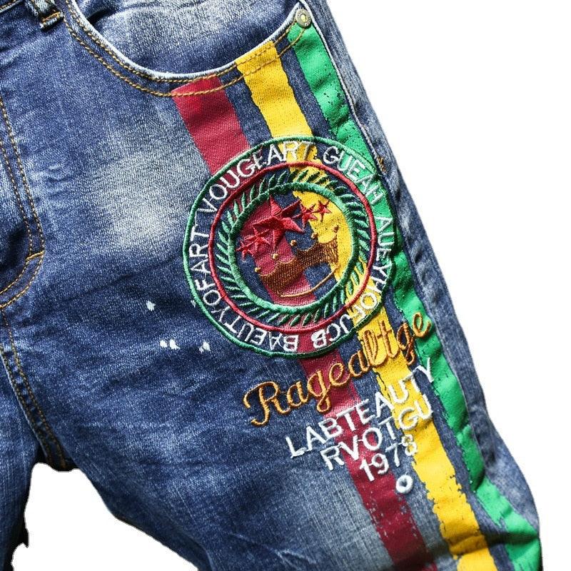 Men's Pants - Jeans Mens Reggae Embroidery Painted Stretch Denim Jeans Streetwear