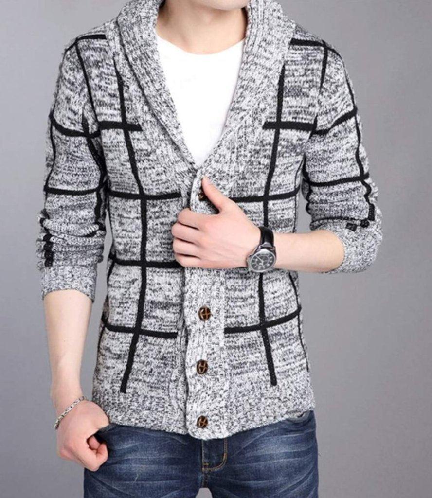 Men's Sweaters Mens Grey Shawl Collar Block Plaid Cardigan