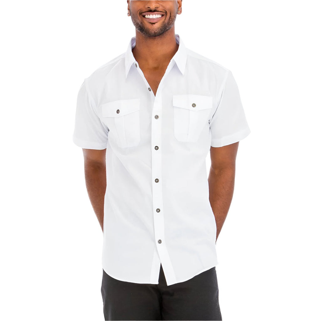 Mens Short Sleeve Button Shirt from VacationGrabs in crisp white with dual chest pockets