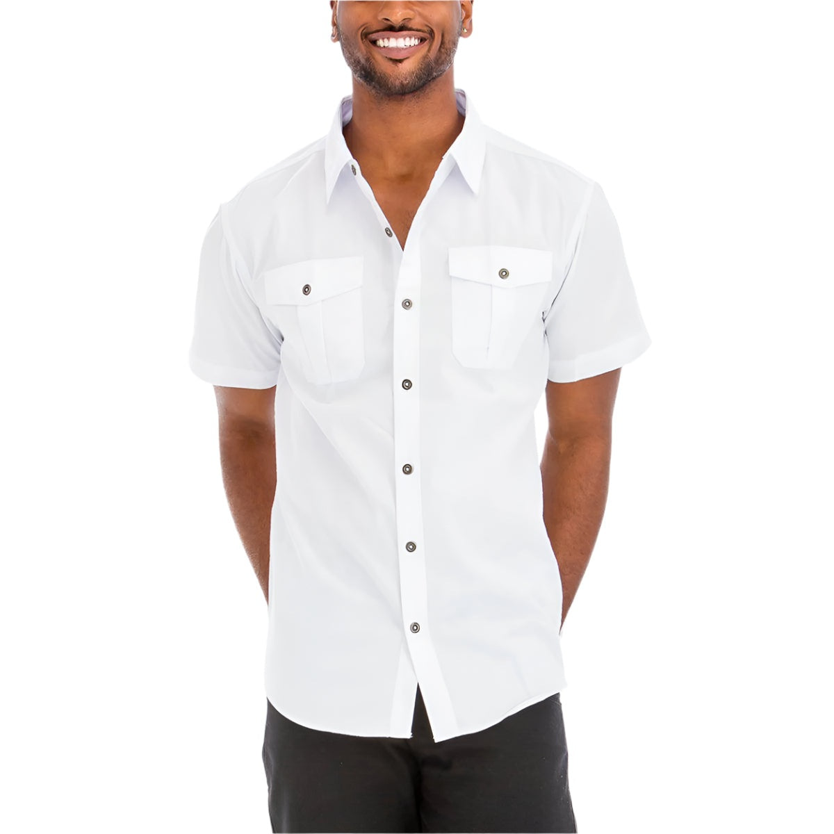 Mens Short Sleeve Button Shirt from VacationGrabs in crisp white with dual chest pockets