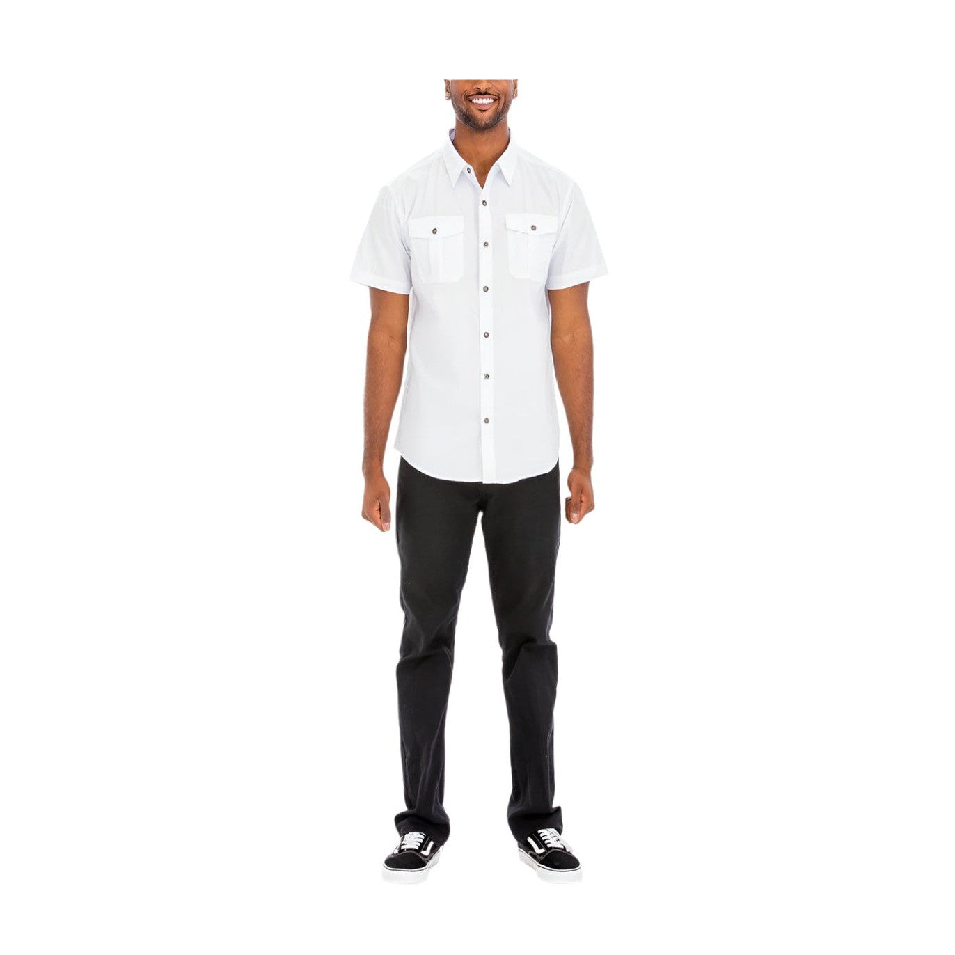 VacationGrabs mens short sleeve button shirt in white with two chest pockets and stylish design