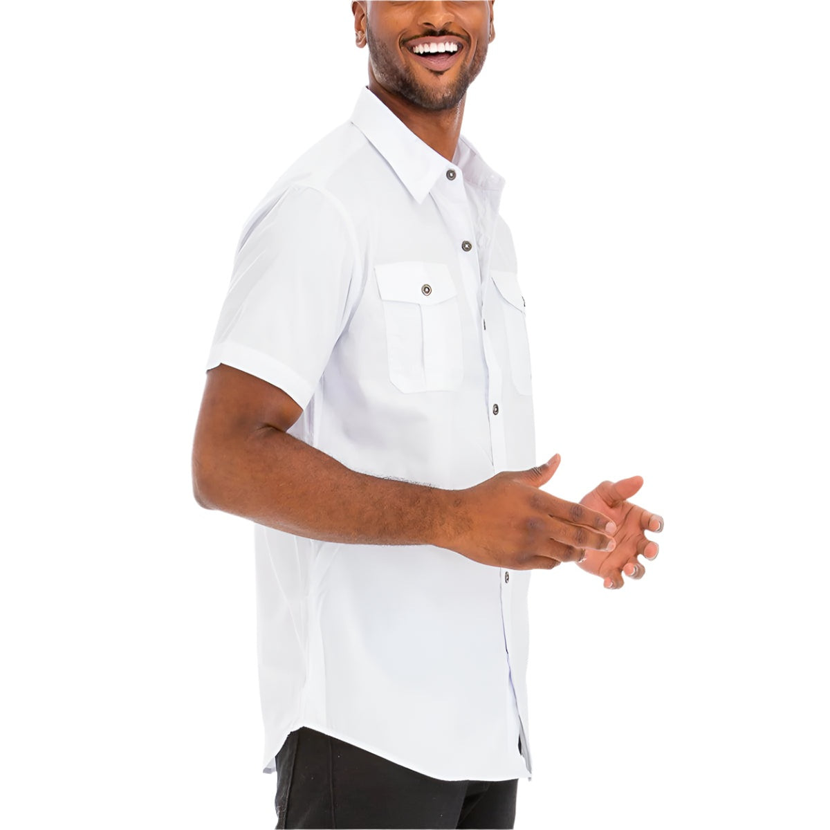 VacationGrabs mens short sleeve button shirt in white with chest pockets and a comfortable fit