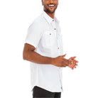 VacationGrabs mens short sleeve button shirt in white with chest pockets and a comfortable fit
