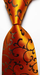 Orange VacationGrabs mens silk neckties with intricate black floral pattern for stylish occasions