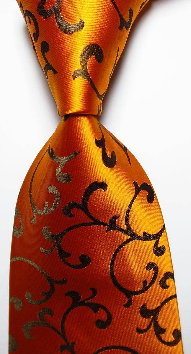 Orange VacationGrabs mens silk neckties with intricate black floral pattern for stylish occasions