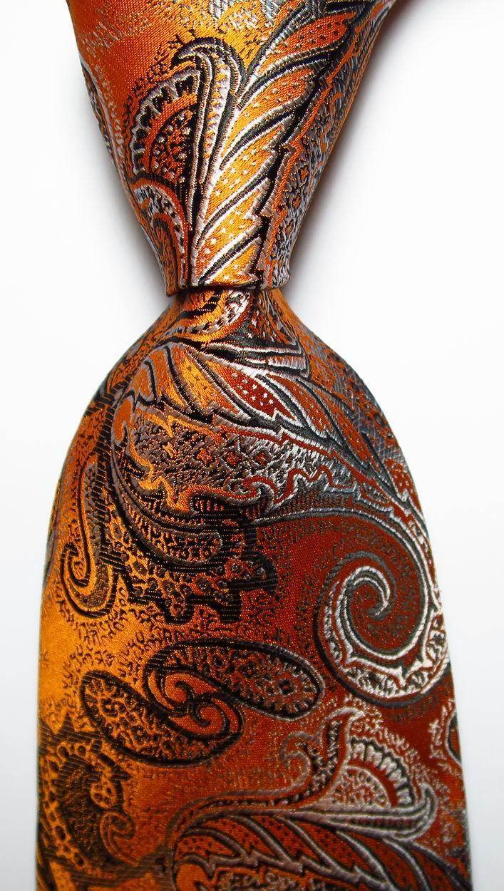 VacationGrabs mens silk neckties in vibrant orange and intricate paisley pattern for stylish occasions
