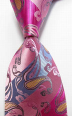 Elegant men's silk neckties with a vibrant pink and blue paisley pattern for formal occasions