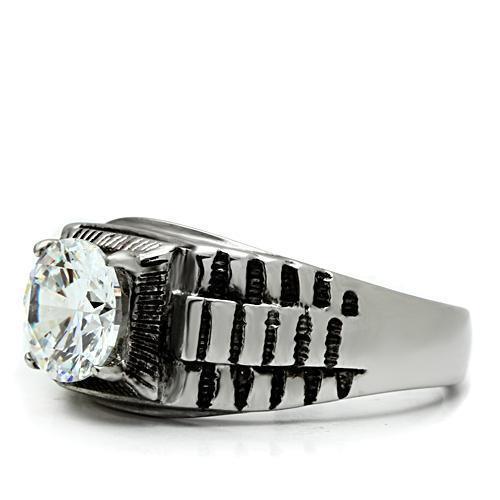 Men's Jewelry - Rings Mens Silver Black Grooved Ring Stainless Steel Cubic Zirconia