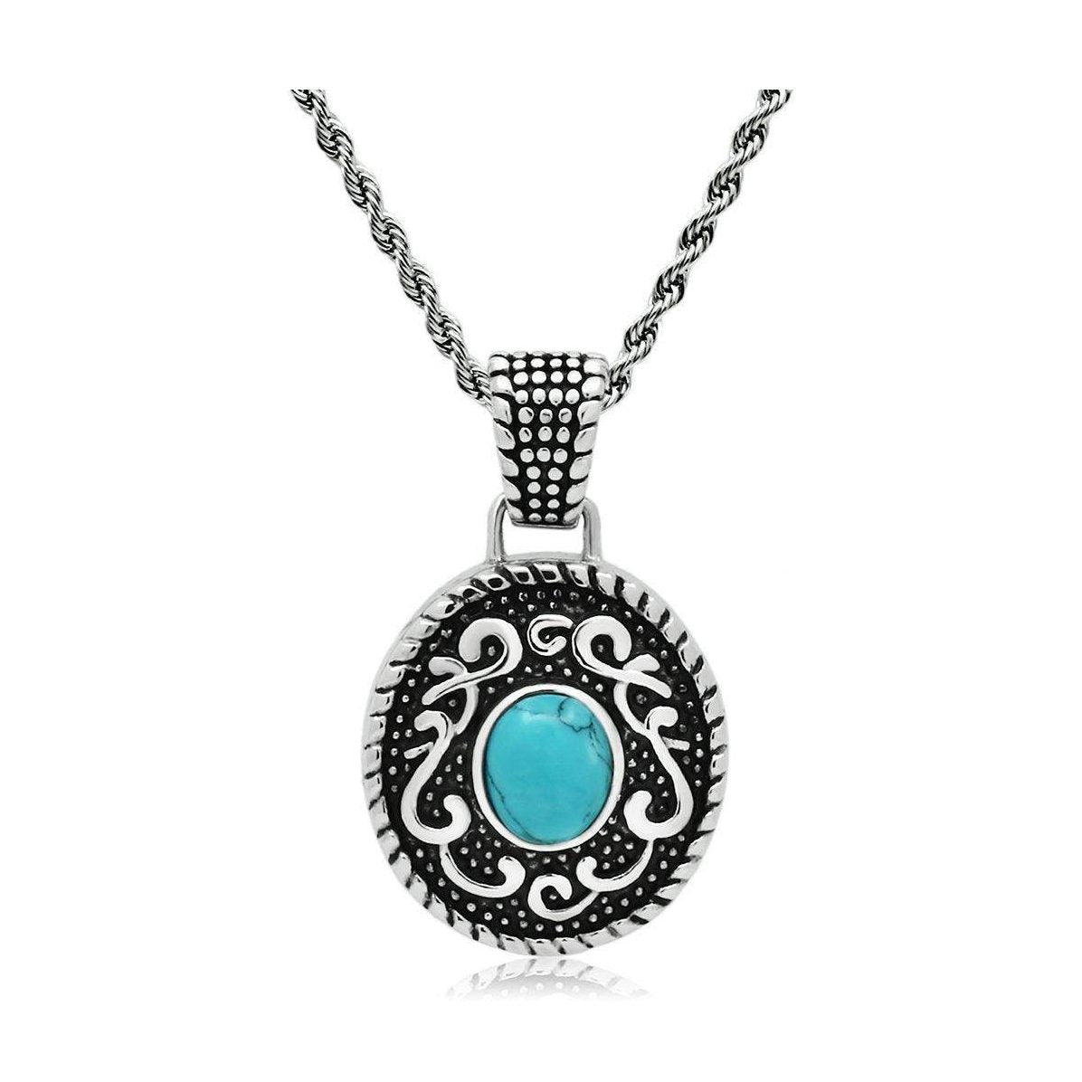 Men's silver necklace high polished featuring a turquoise gemstone and intricate design