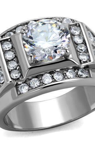 Men's Jewelry - Rings Mens Silver Rhinestone Jeweled Ring Stainless Steel Zirconia