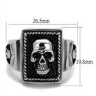 Mens silver skull ring featuring a detailed skull design and bold rectangular setting