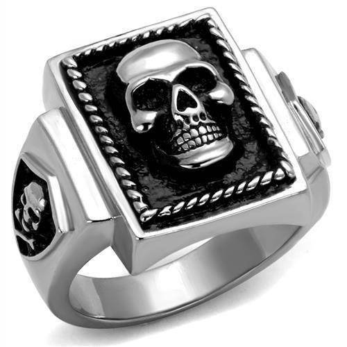 Mens silver skull ring featuring a detailed skull design with a textured background