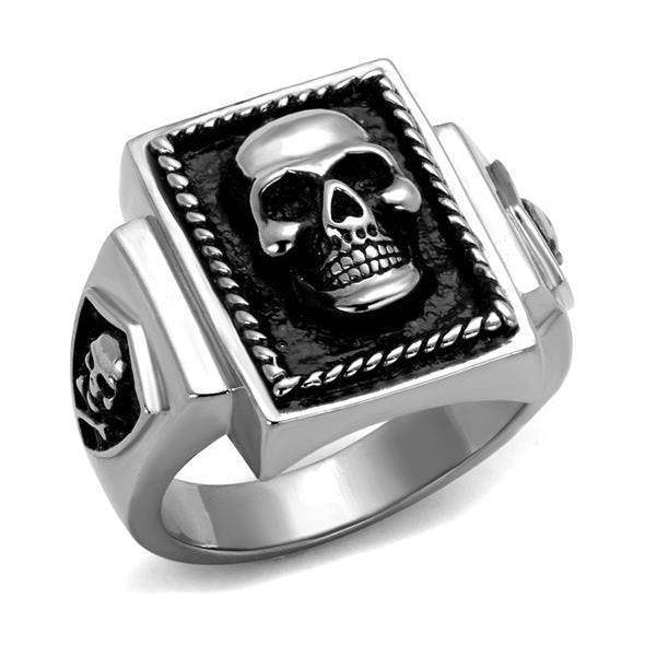 Mens silver skull ring featuring a detailed skull design with a textured background