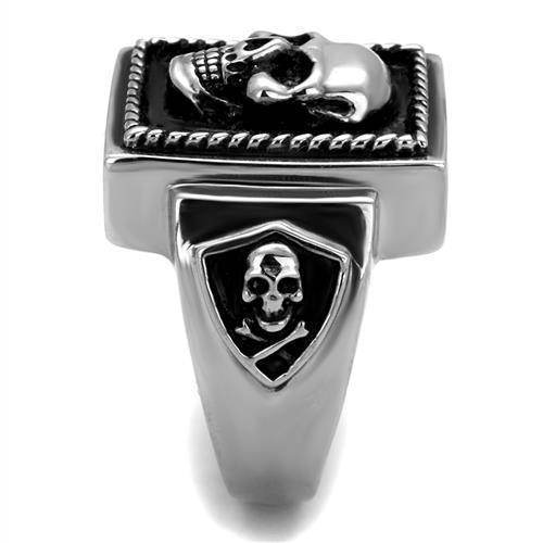 Men's silver skull ring with a bold design featuring an intricate skull detail on a rectangular band