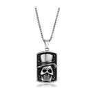 Men's skull necklace with a detailed pendant featuring a skull wearing a top hat on a silver chain