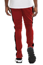 WEIV mens slim fit track pants in red with black side stripes for comfortable casual wear