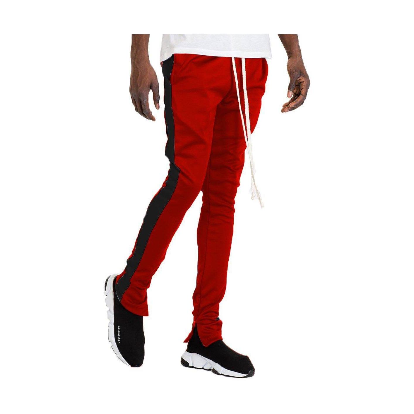 WEIV mens slim fit track pants in red with black side stripes for a sporty look
