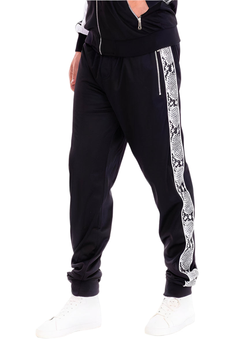 Men's snake stripe track pants from VacationGrabs in black with stylish snake print side stripes