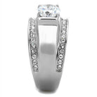 Men's stainless steel ring with a large center stone and sparkling accents on each side