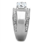 Men's stainless steel ring with a large center stone and sparkling accents on each side