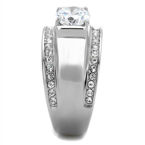Men's stainless steel ring with a large center stone and sparkling accents on each side