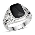 Men's stainless steel ring with a square black stone and intricate cut-out design