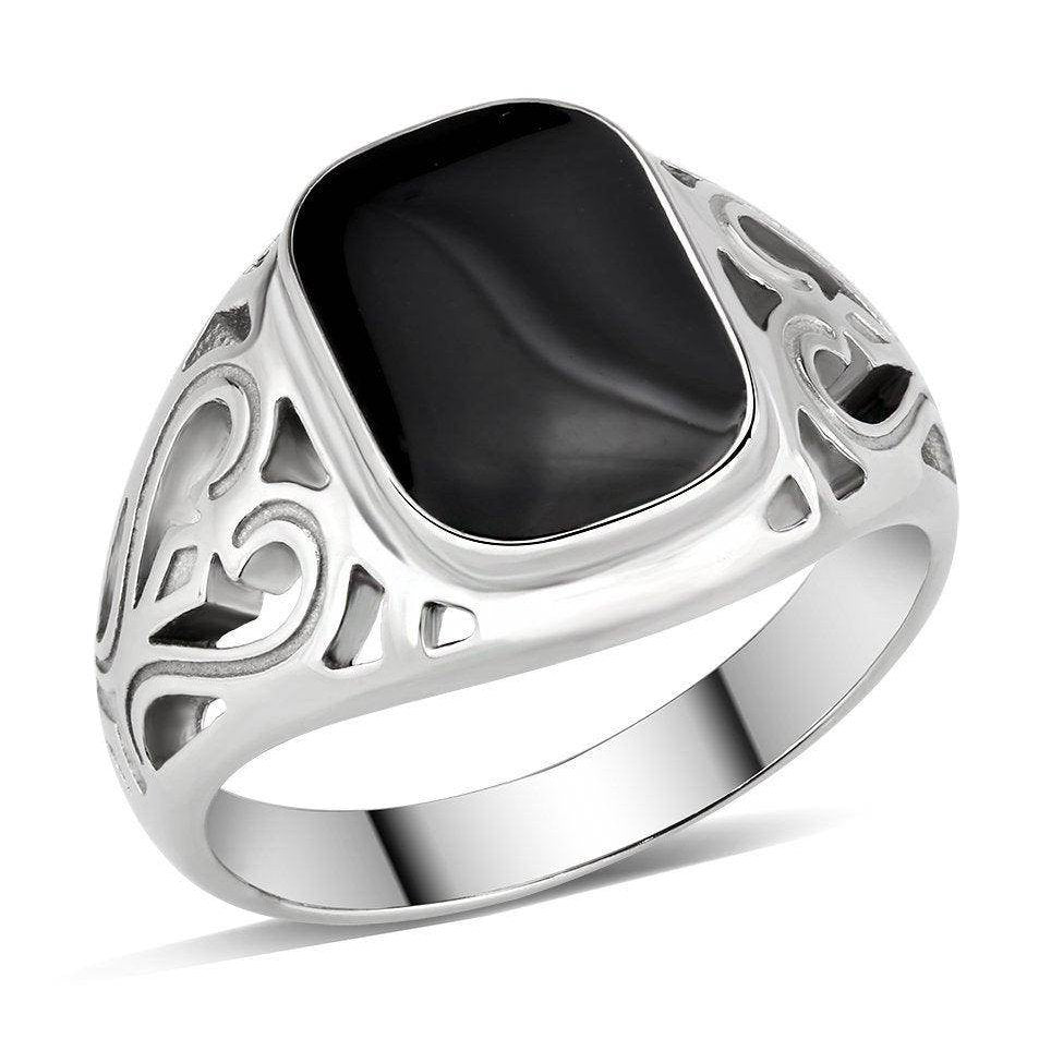 Men's stainless steel ring with a square black stone and intricate cut-out design