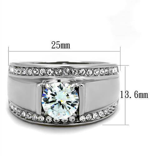 Mens stainless steel ring featuring a large center stone and sparkling accents for a stylish look
