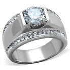 Stylish mens stainless steel ring featuring a large center stone and sparkling accents for a bold look