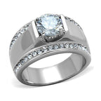 Stylish mens stainless steel ring featuring a large center stone and sparkling accents for a bold look