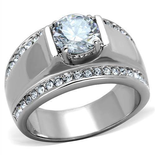 Stylish mens stainless steel ring featuring a large center stone and sparkling accents for a bold look